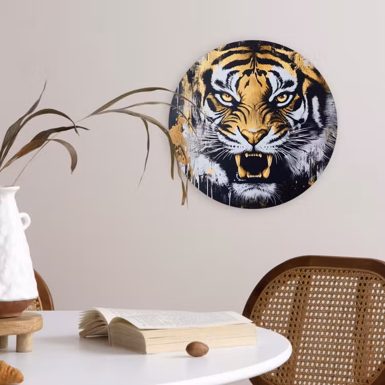 Tijger - Verfspatten - Goud Wandcirkel kunststof plaat 5mm dik klein -sfeer4