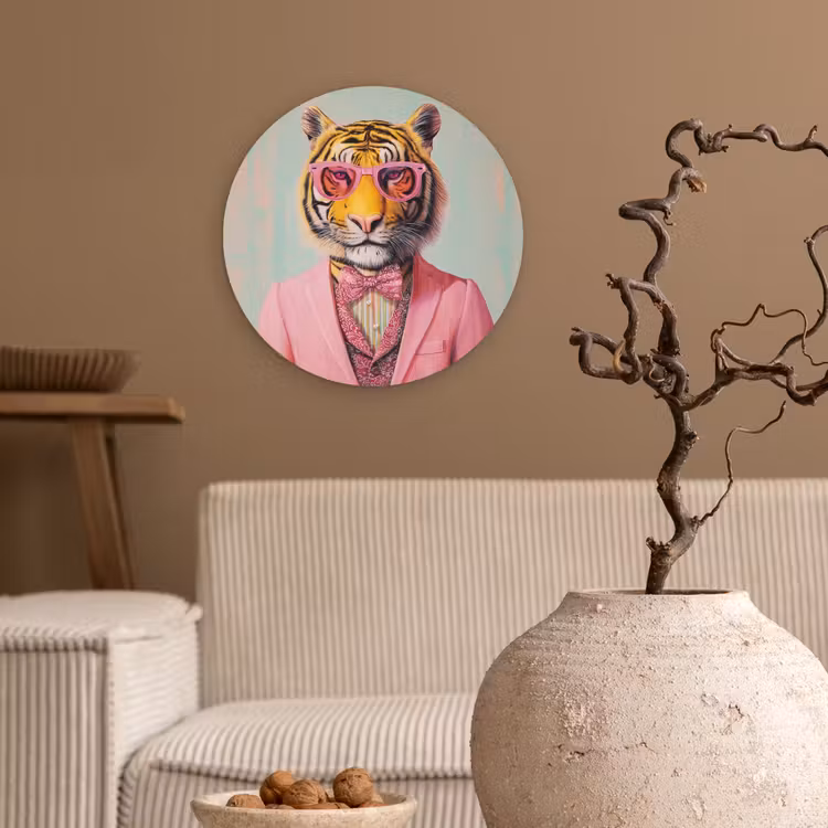 Tijger - Strik - Jasje - Roze Wandcirkel kunststof plaat 5mm dik klein -sfeer1