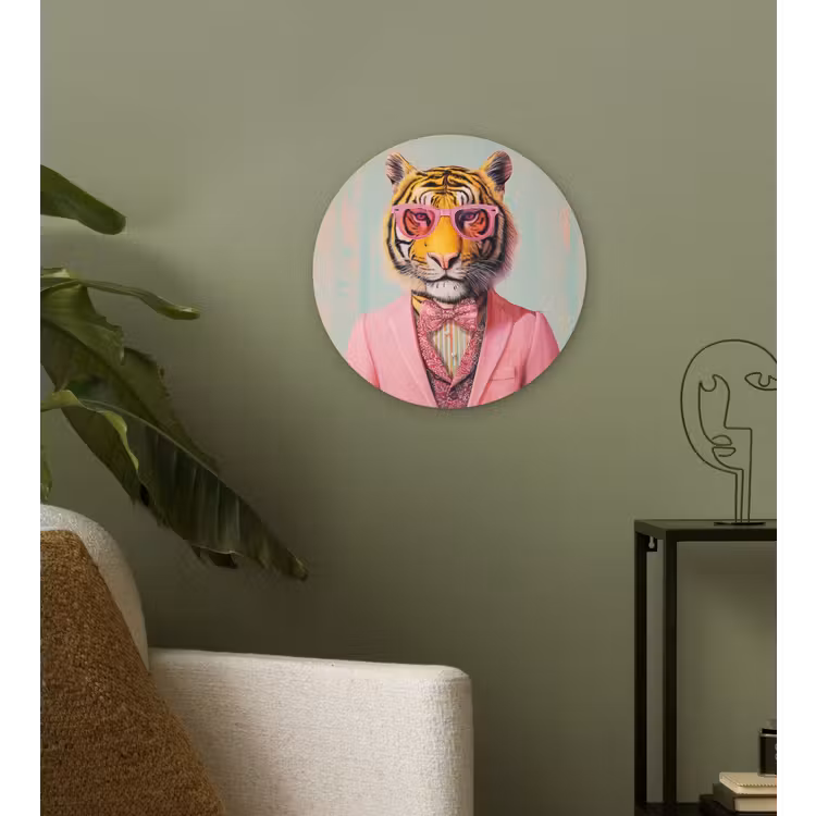 Tijger - Strik - Jasje - Roze Wandcirkel kunststof plaat 5mm dik klein -sfeer3