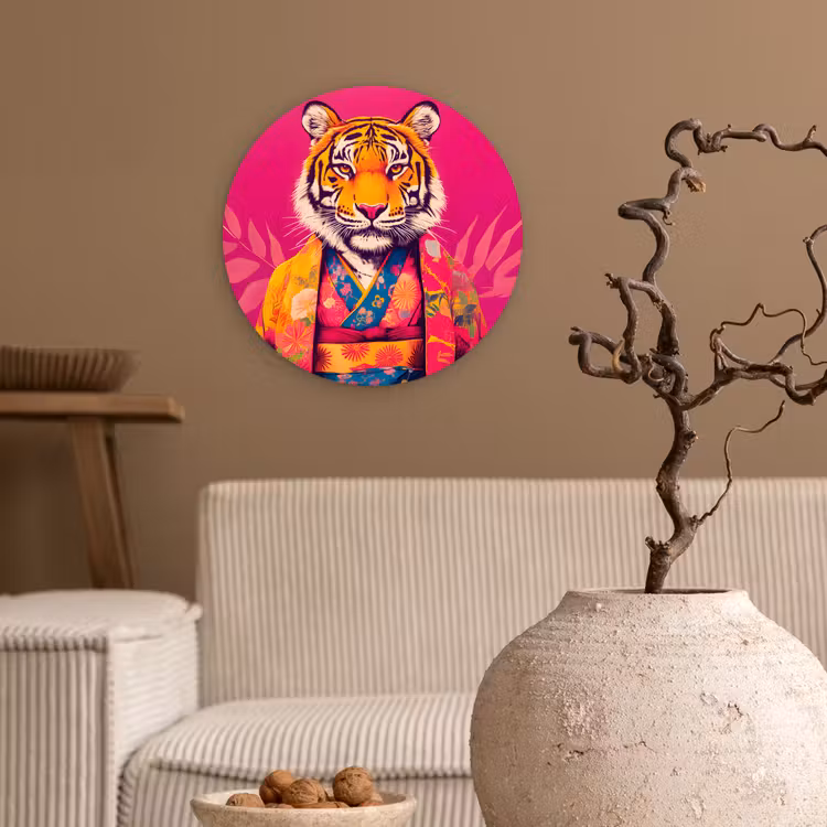 Tijger - Kimono - Planten - Roze Wandcirkel kunststof plaat 5mm dik klein -sfeer1