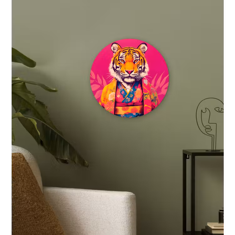 Tijger - Kimono - Planten - Roze Wandcirkel kunststof plaat 5mm dik klein -sfeer3