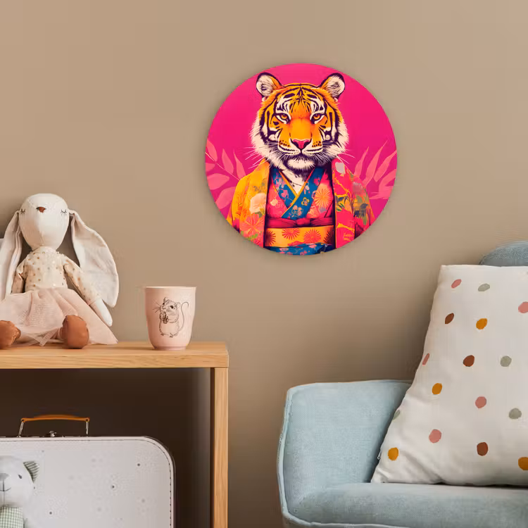 Tijger - Kimono - Planten - Roze Wandcirkel kunststof plaat 5mm dik klein -tsfeer1_kind