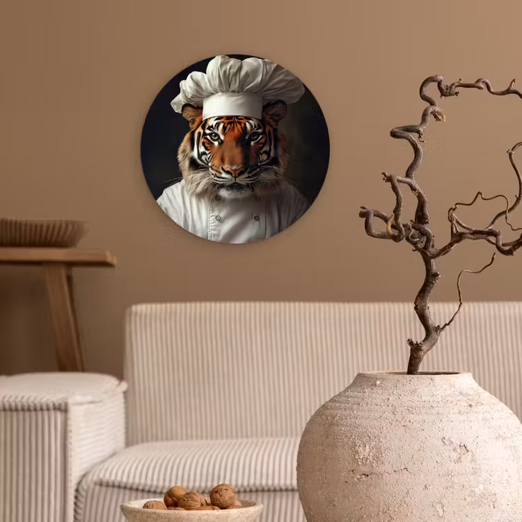 Tijger - Kokskleding - Bruin Wandcirkel kunststof plaat 5mm dik klein -sfeer1