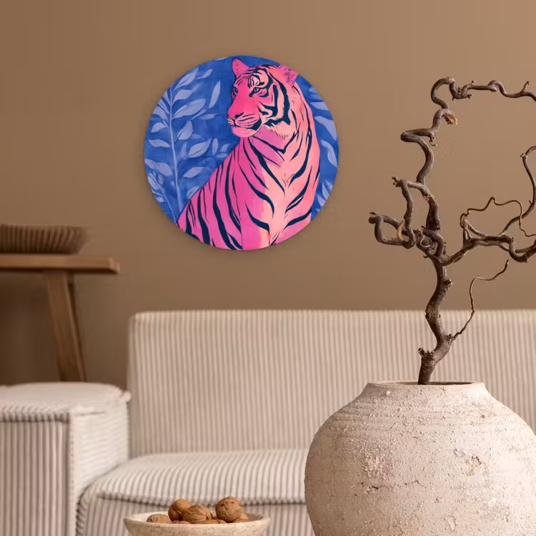 Tijger - Roze - Bladeren - Jungle Wandcirkel kunststof plaat 5mm dik klein -sfeer1