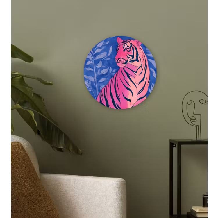 Tijger - Roze - Bladeren - Jungle Wandcirkel kunststof plaat 5mm dik klein -sfeer3