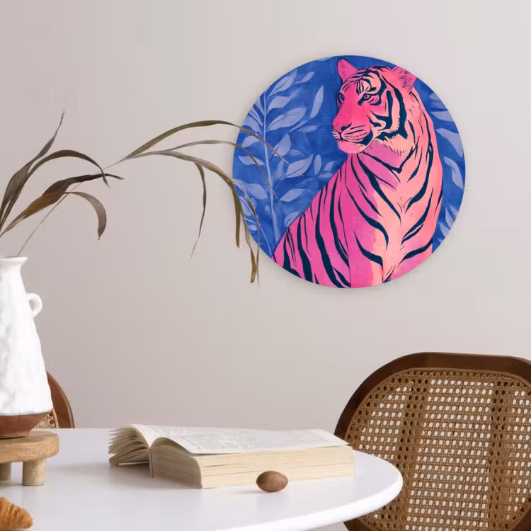 Tijger - Roze - Bladeren - Jungle Wandcirkel kunststof plaat 5mm dik klein -sfeer4