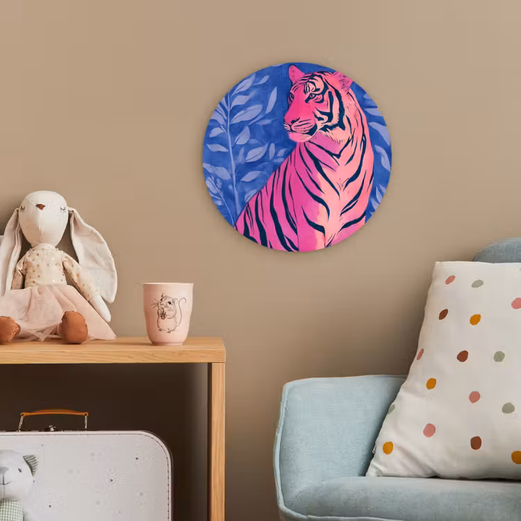 Tijger - Roze - Bladeren - Jungle Wandcirkel kunststof plaat 5mm dik klein -tsfeer1_kind