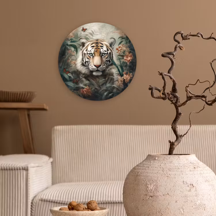Tijger - Vlinders - Dieren - Jungle - Bloemen Wandcirkel kunststof plaat 5mm dik klein -sfeer1