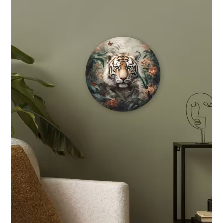 Tijger - Vlinders - Dieren - Jungle - Bloemen Wandcirkel kunststof plaat 5mm dik klein -sfeer3