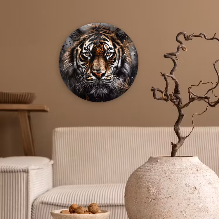 Tijger - Dieren - Portret - Luxe - Zwart Wandcirkel kunststof plaat 5mm dik klein -sfeer1