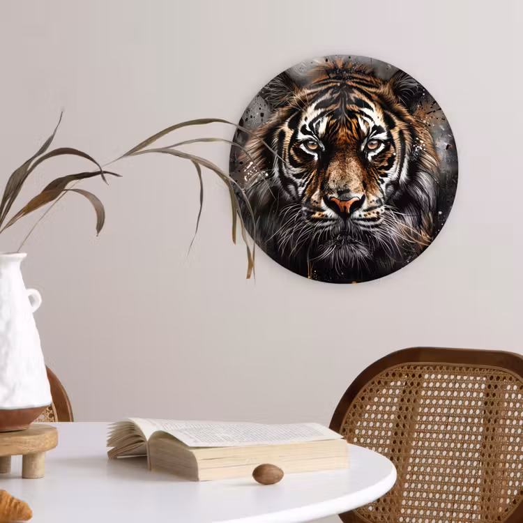 Tijger - Dieren - Portret - Luxe - Zwart Wandcirkel kunststof plaat 5mm dik klein -sfeer4