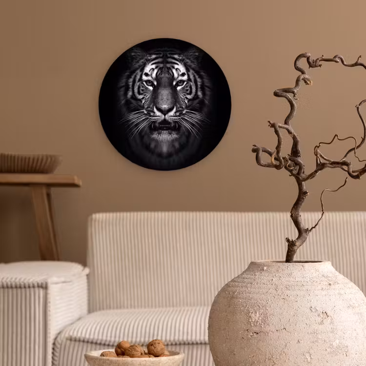 Tijger - Dieren - Zwart - Wit - Portret - Wild Wandcirkel kunststof plaat 5mm dik klein -sfeer1