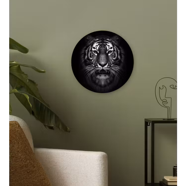 Tijger - Dieren - Zwart - Wit - Portret - Wild Wandcirkel kunststof plaat 5mm dik klein -sfeer3