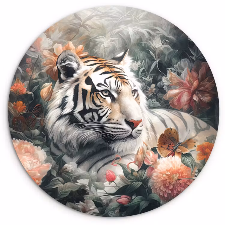 Tijger - Wilde dieren - Bloemen - Jungle Wandcirkel kunststof plaat 5mm dik klein -3d