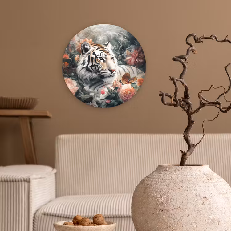 Tijger - Wilde dieren - Bloemen - Jungle Wandcirkel kunststof plaat 5mm dik klein -sfeer1