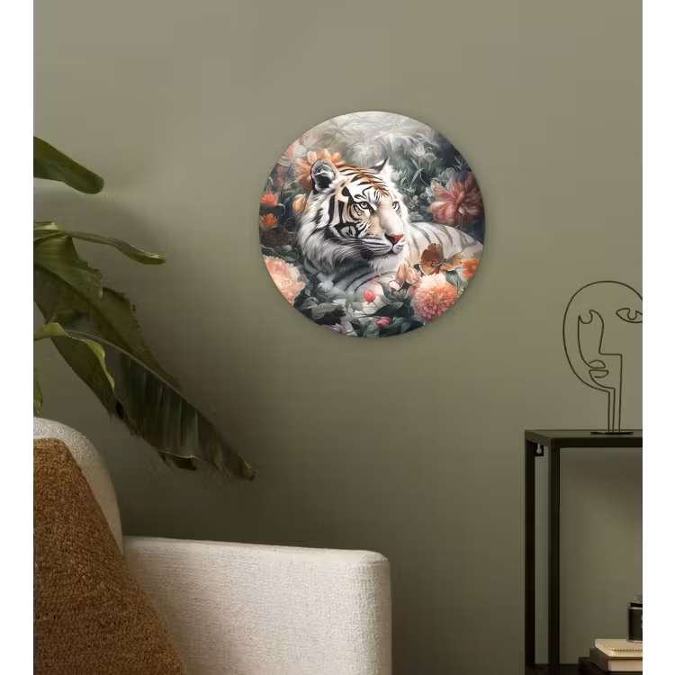 Tijger - Wilde dieren - Bloemen - Jungle Wandcirkel kunststof plaat 5mm dik klein -sfeer3