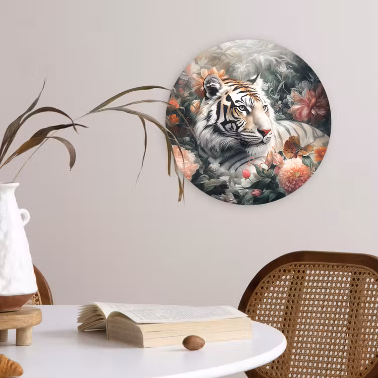 Tijger - Wilde dieren - Bloemen - Jungle Wandcirkel kunststof plaat 5mm dik klein -sfeer4