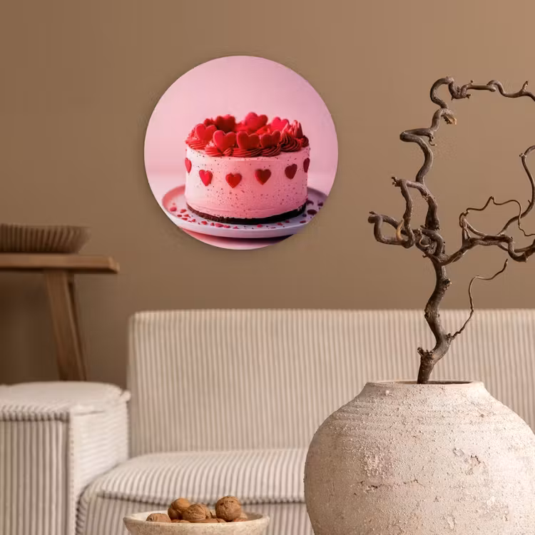 Taart - Hart - Roze Wandcirkel kunststof plaat 5mm dik klein -sfeer1