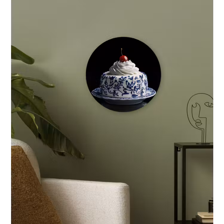 Taart - Slagroom - Kers - Bord - Delfts blauw Wandcirkel kunststof plaat 5mm dik klein -sfeer3