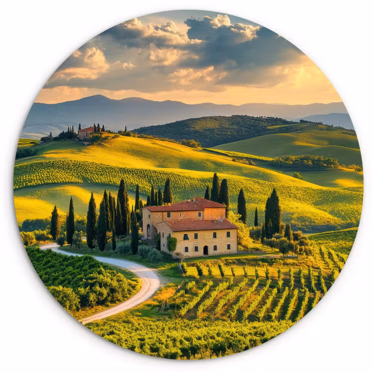 Toscane - Landschap - Wijngaarden Wandcirkel kunststof plaat 5mm dik klein -3d