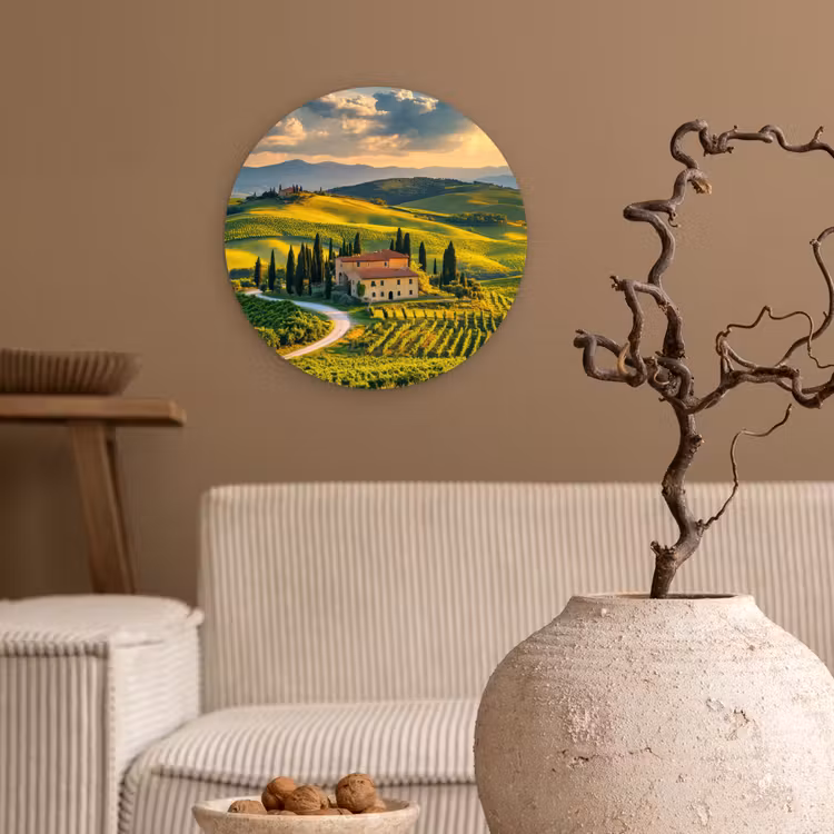 Toscane - Landschap - Wijngaarden Wandcirkel kunststof plaat 5mm dik klein -sfeer1