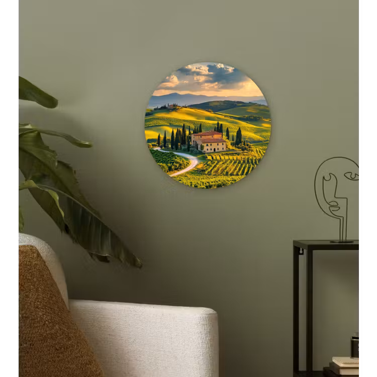 Toscane - Landschap - Wijngaarden Wandcirkel kunststof plaat 5mm dik klein -sfeer3