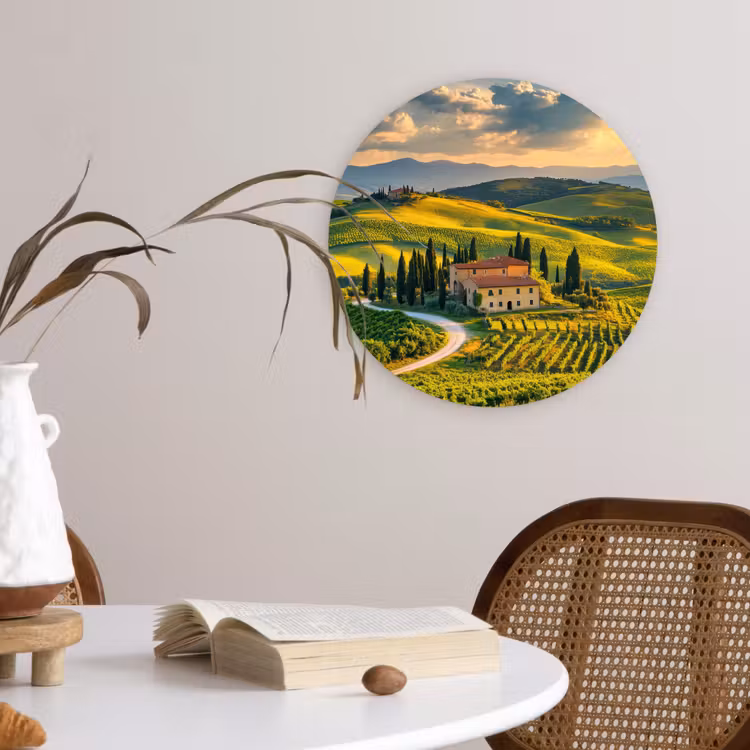 Toscane - Landschap - Wijngaarden Wandcirkel kunststof plaat 5mm dik klein -sfeer4