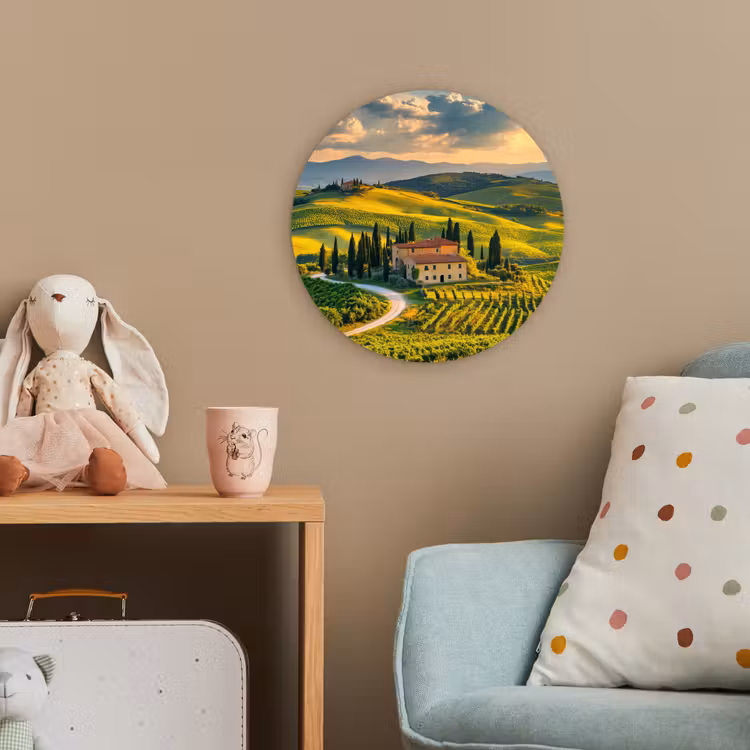 Toscane - Landschap - Wijngaarden Wandcirkel kunststof plaat 5mm dik klein -tsfeer1_kind