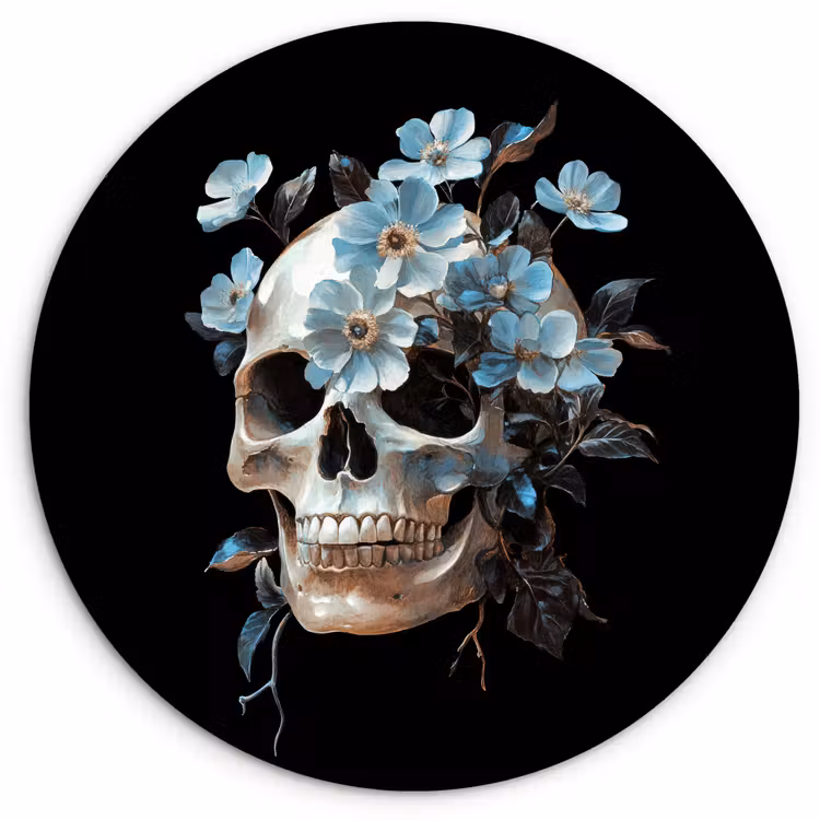 Schedel - Blauw - Bloemen - Bladeren Wandcirkel kunststof plaat 5mm dik klein -3d