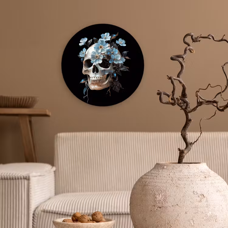 Schedel - Blauw - Bloemen - Bladeren Wandcirkel kunststof plaat 5mm dik klein -sfeer1