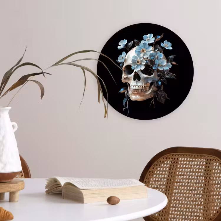 Schedel - Blauw - Bloemen - Bladeren Wandcirkel kunststof plaat 5mm dik klein -sfeer4