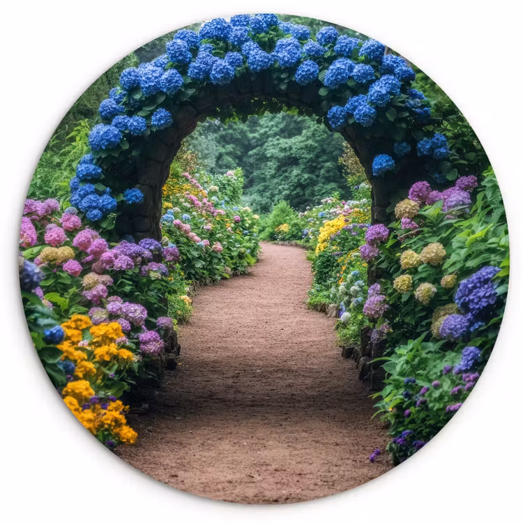 Doorkijk - Bloemen - Hortensia - Pad Wandcirkel kunststof plaat 5mm dik klein -3d