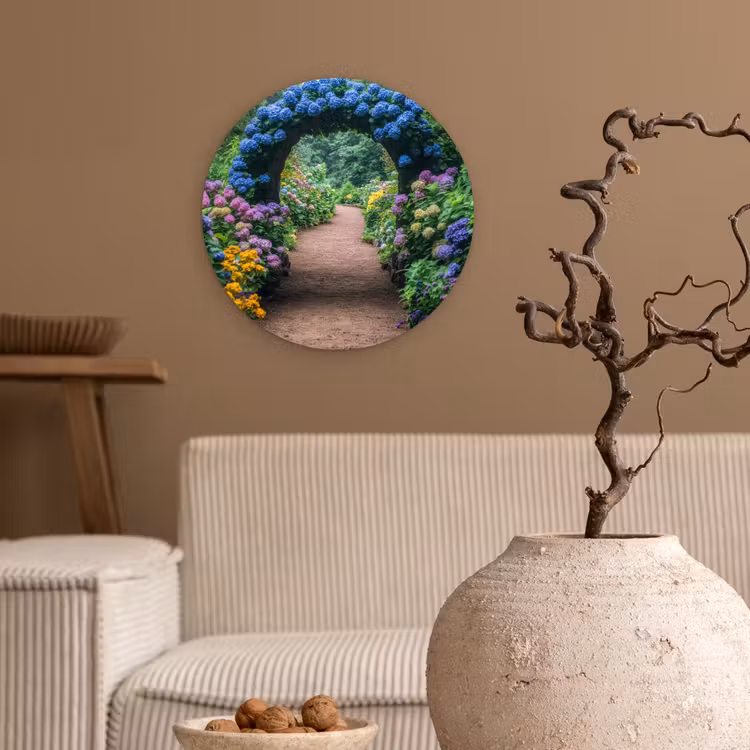 Doorkijk - Bloemen - Hortensia - Pad Wandcirkel kunststof plaat 5mm dik klein -sfeer1