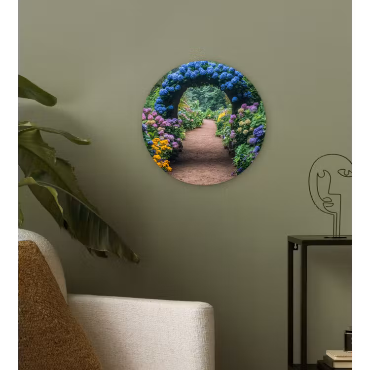 Doorkijk - Bloemen - Hortensia - Pad Wandcirkel kunststof plaat 5mm dik klein -sfeer3