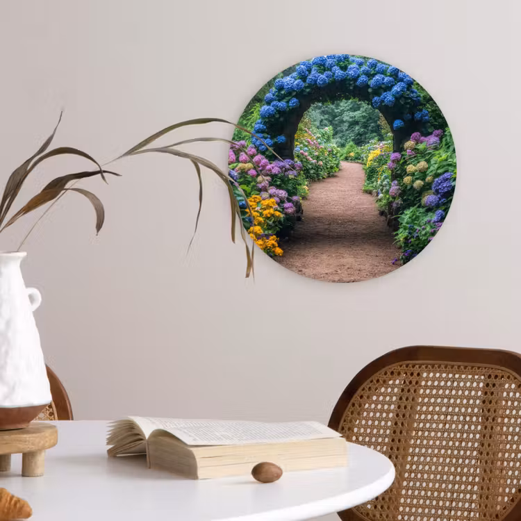 Doorkijk - Bloemen - Hortensia - Pad Wandcirkel kunststof plaat 5mm dik klein -sfeer4