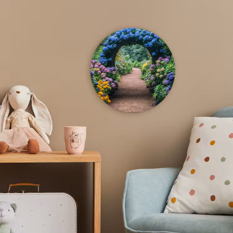Doorkijk - Bloemen - Hortensia - Pad Wandcirkel kunststof plaat 5mm dik klein -tsfeer1_kind