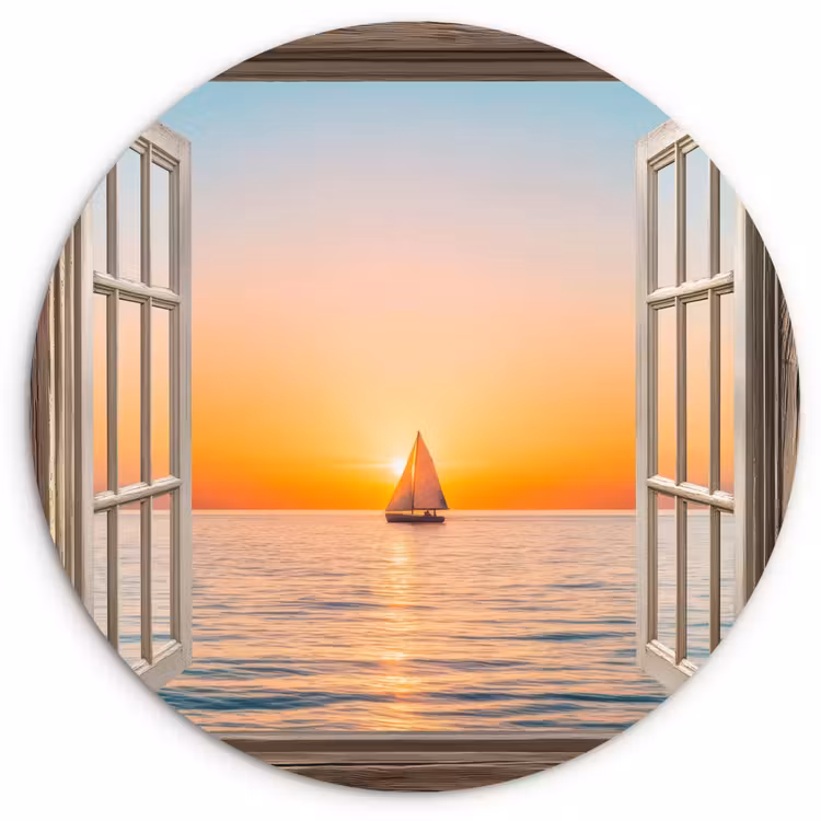 Doorkijk - Zee - Boot - Zonsondergang Wandcirkel kunststof plaat 5mm dik klein -3d