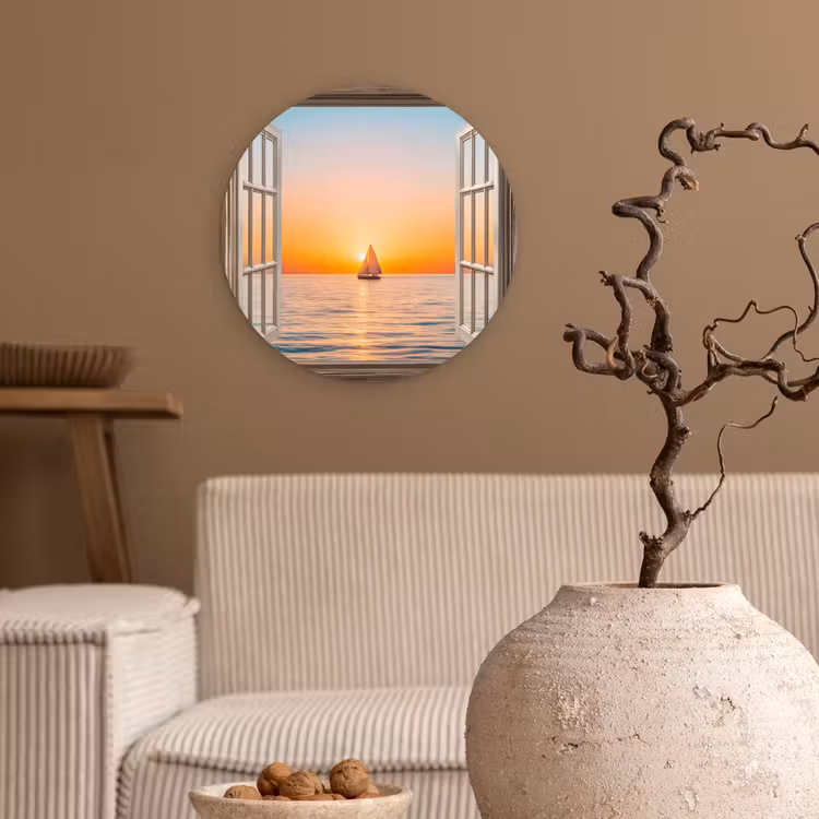 Doorkijk - Zee - Boot - Zonsondergang Wandcirkel kunststof plaat 5mm dik klein -sfeer1