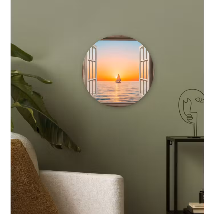 Doorkijk - Zee - Boot - Zonsondergang Wandcirkel kunststof plaat 5mm dik klein -sfeer3