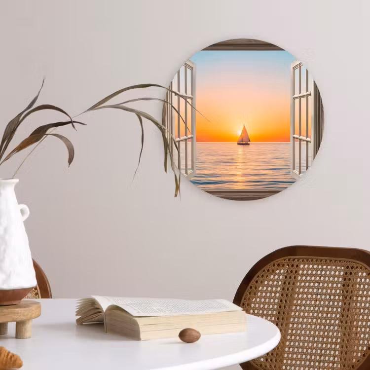 Doorkijk - Zee - Boot - Zonsondergang Wandcirkel kunststof plaat 5mm dik klein -sfeer4
