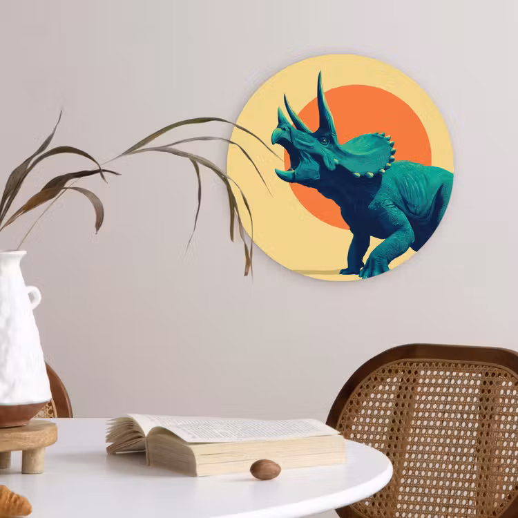 Triceratops - Cirkel - Oranje - Hoorns Wandcirkel kunststof plaat 5mm dik klein -sfeer4
