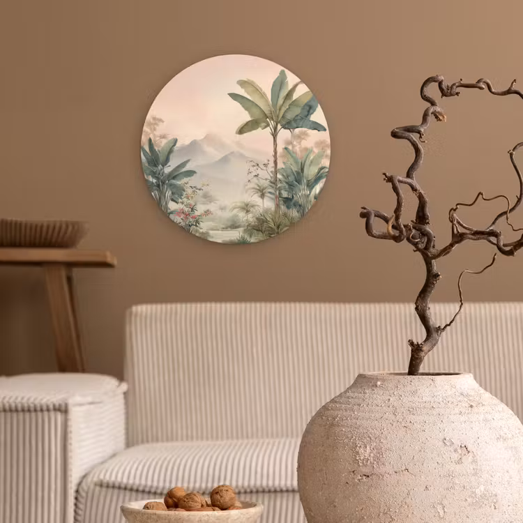 Tropisch landschap - palmbomen - Bloemen - Roze lucht Wandcirkel kunststof plaat 5mm dik klein -sfeer1
