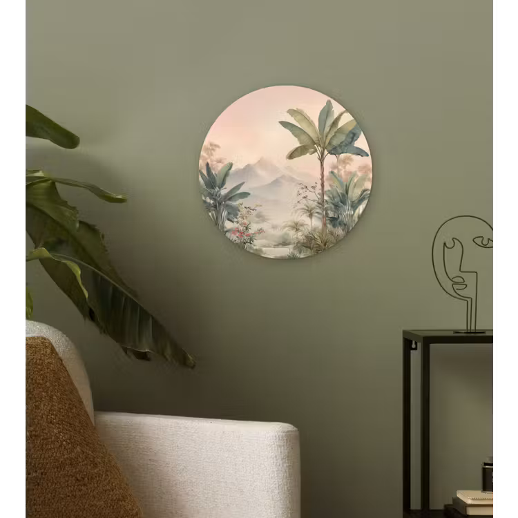 Tropisch landschap - palmbomen - Bloemen - Roze lucht Wandcirkel kunststof plaat 5mm dik klein -sfeer3
