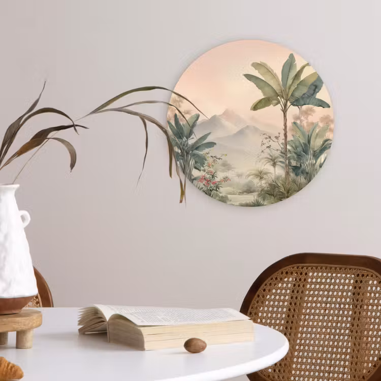 Tropisch landschap - palmbomen - Bloemen - Roze lucht Wandcirkel kunststof plaat 5mm dik klein -sfeer4