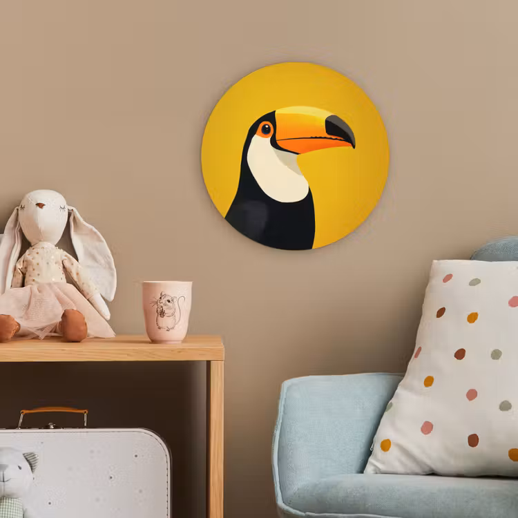 Toekan - Minimalistisch - Snavel - Oranje Wandcirkel kunststof plaat 5mm dik klein -tsfeer1_kind