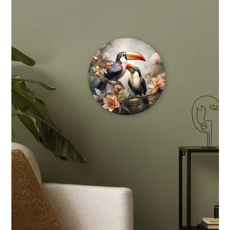 Toekan - Vogels - Bloemen - Jungle Wandcirkel kunststof plaat 5mm dik klein -sfeer3