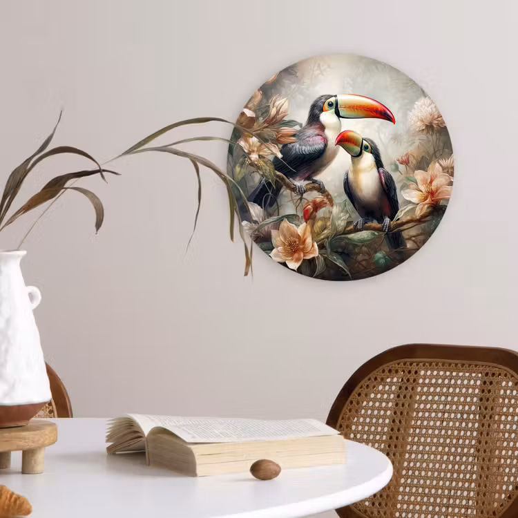 Toekan - Vogels - Bloemen - Jungle Wandcirkel kunststof plaat 5mm dik klein -sfeer4