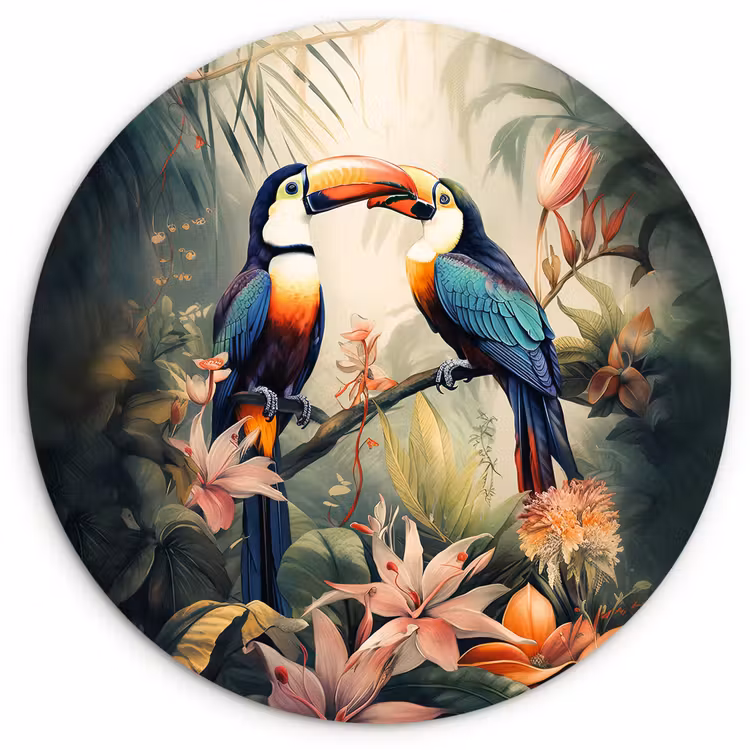 Toekan - Vogels - Bloemen - Natuur - Jungle Wandcirkel kunststof plaat 5mm dik klein -3d