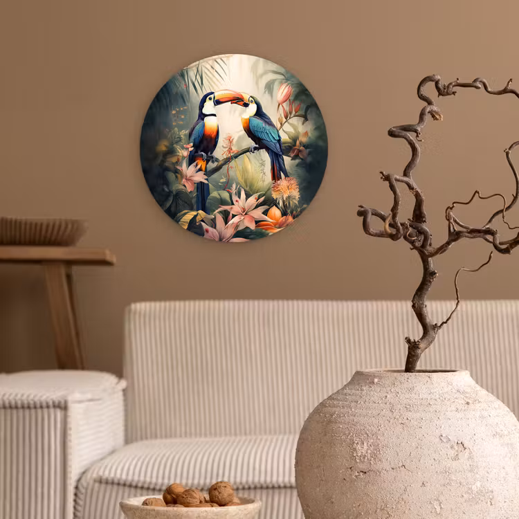 Toekan - Vogels - Bloemen - Natuur - Jungle Wandcirkel kunststof plaat 5mm dik klein -sfeer1