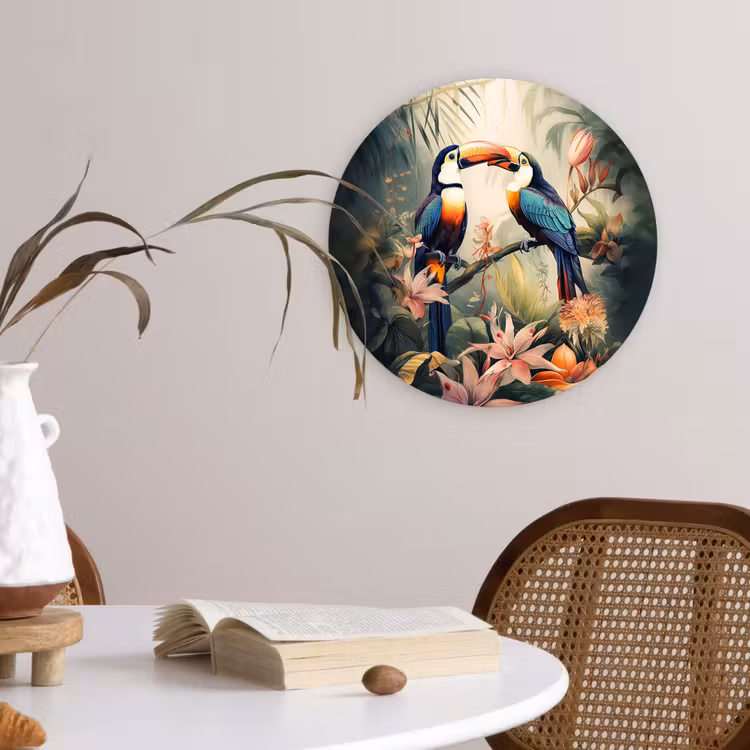 Toekan - Vogels - Bloemen - Natuur - Jungle Wandcirkel kunststof plaat 5mm dik klein -sfeer4